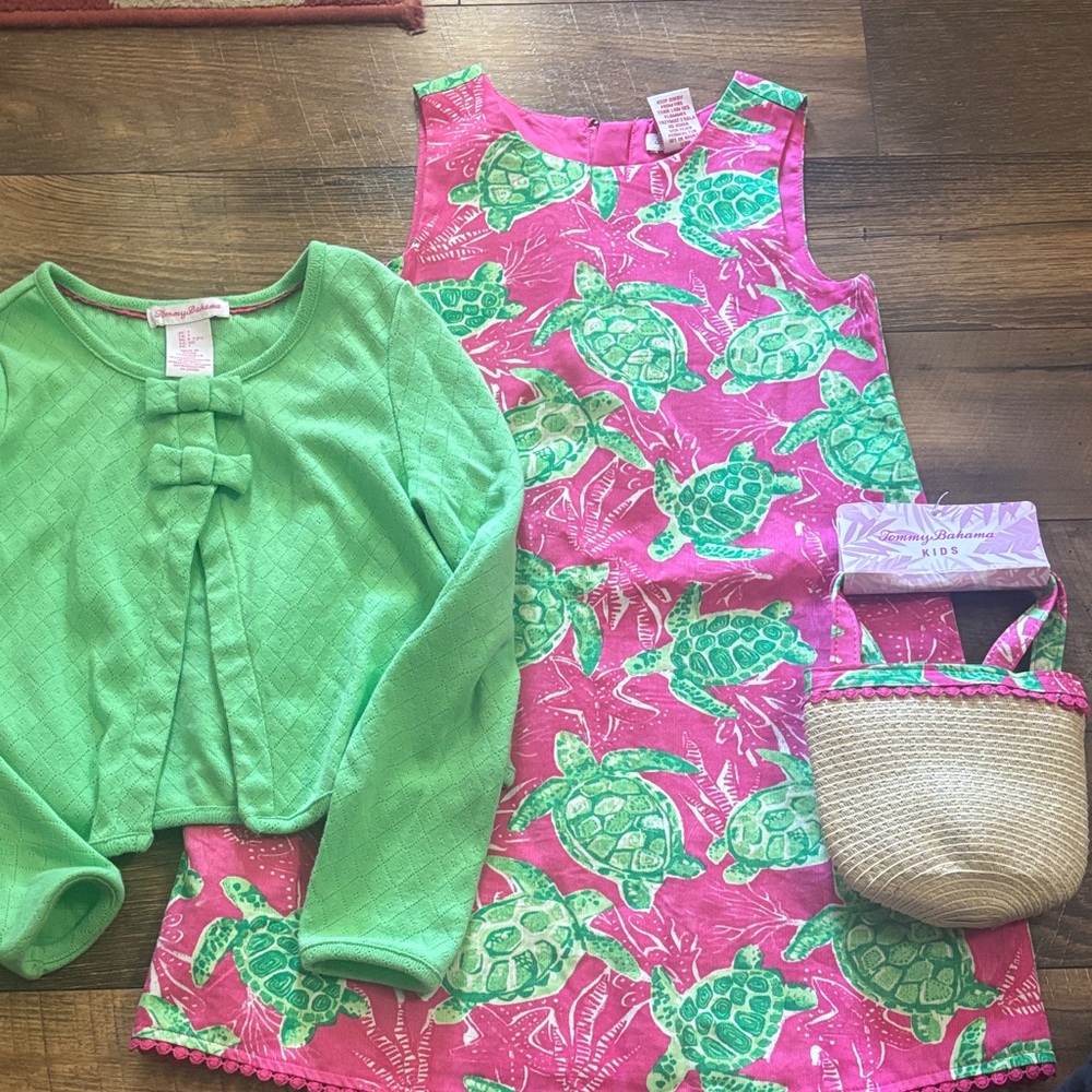 Tommy Bahama Kids Pink Dress with Green Turtle Print and Green Cardigan